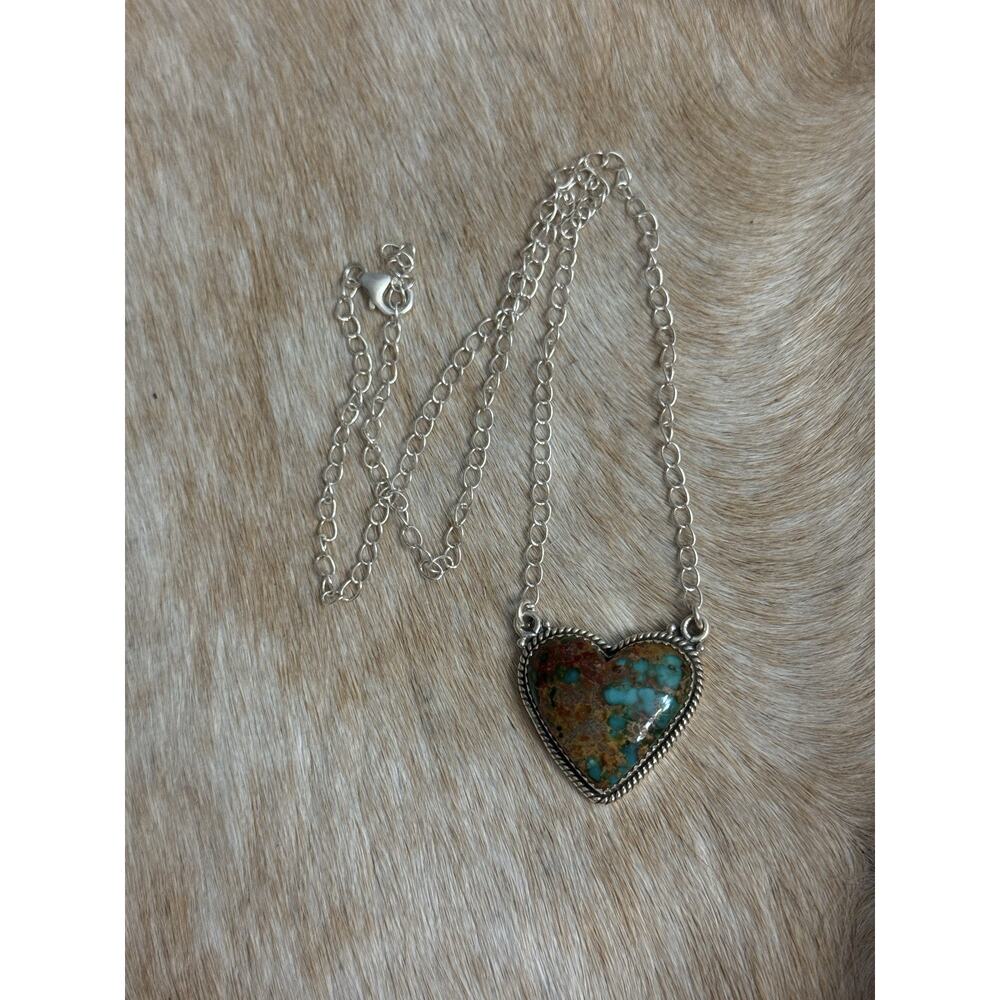 Native American Sterling Silver SW Catalina Turquoise Heart Necklace 925 - Picture 10 of 11